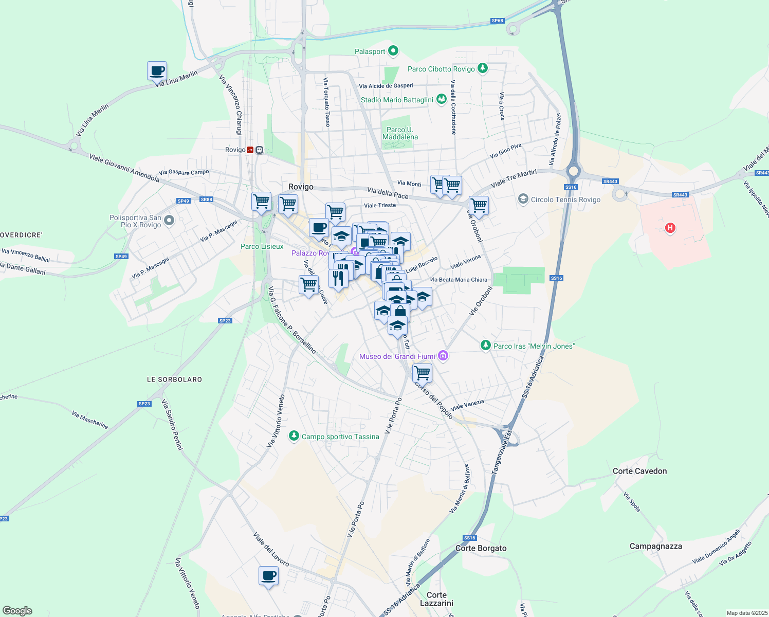 map of restaurants, bars, coffee shops, grocery stores, and more near 254 Corso del Popolo in Rovigo