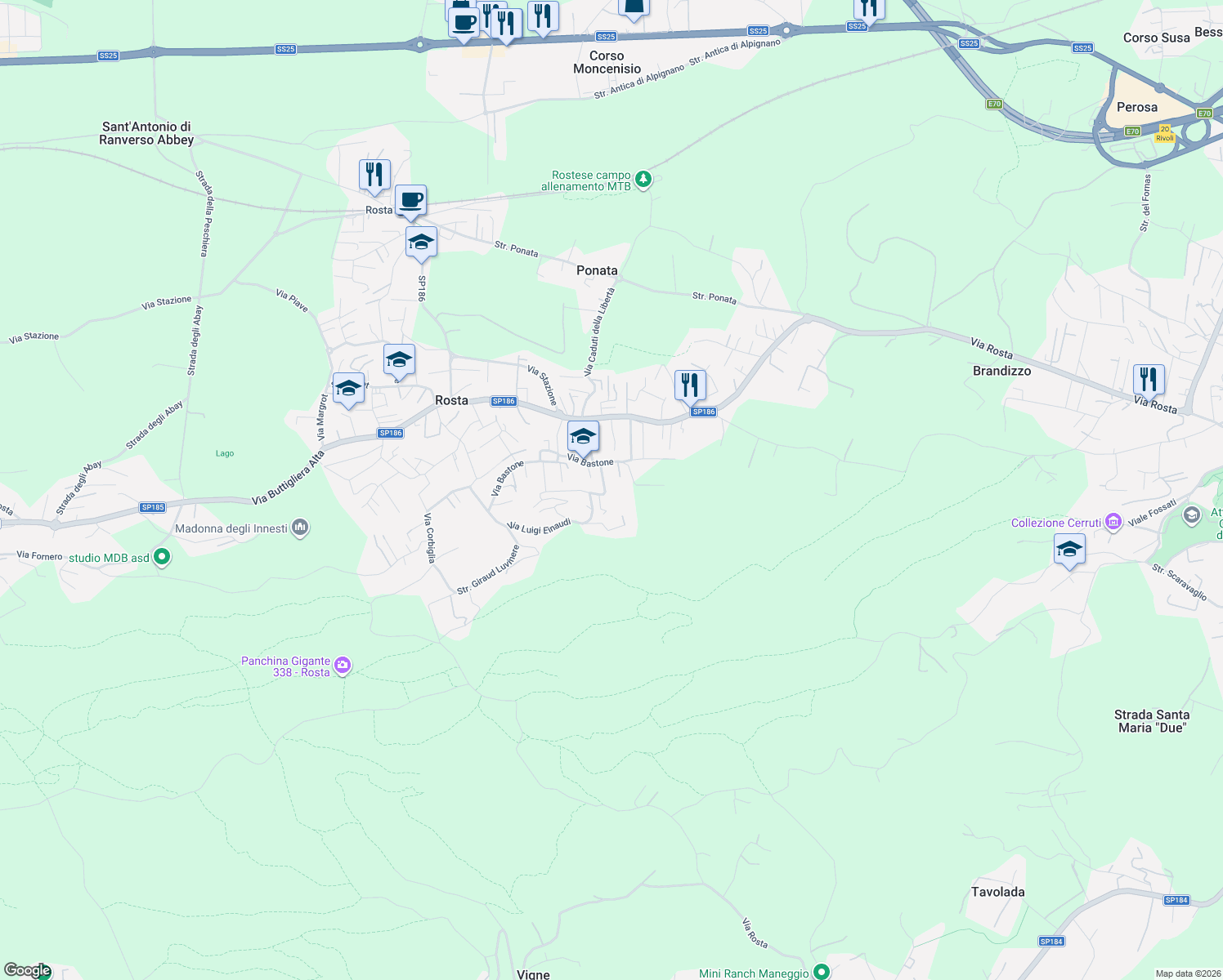 map of restaurants, bars, coffee shops, grocery stores, and more near 34 Via Collodi in Rosta