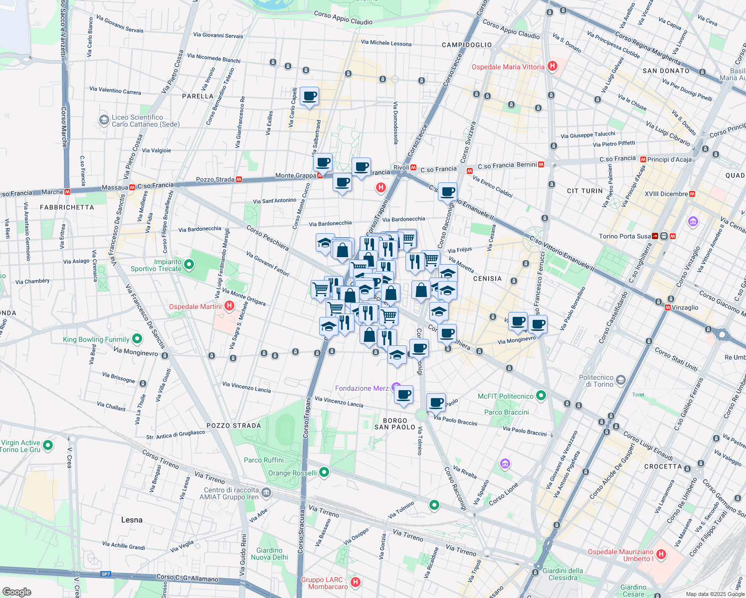 map of restaurants, bars, coffee shops, grocery stores, and more near 12 Via Fabbriche in Turin