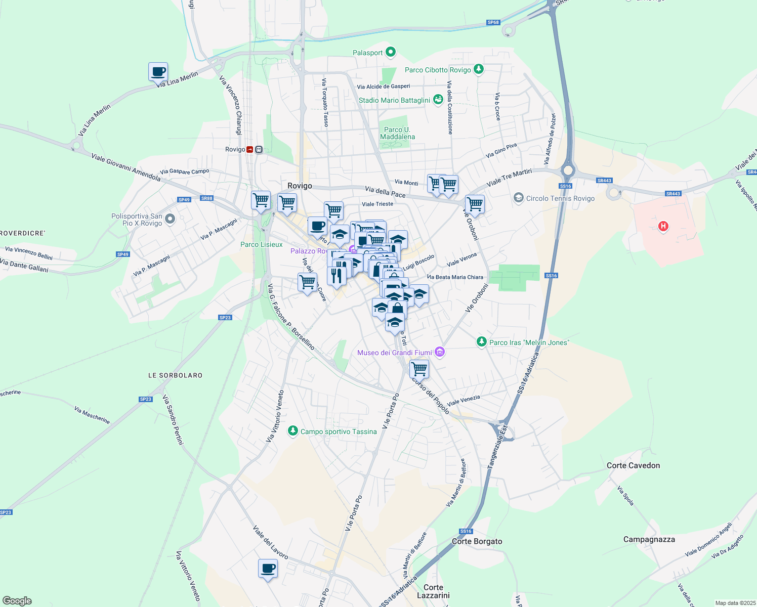 map of restaurants, bars, coffee shops, grocery stores, and more near 254 Corso del Popolo in Rovigo
