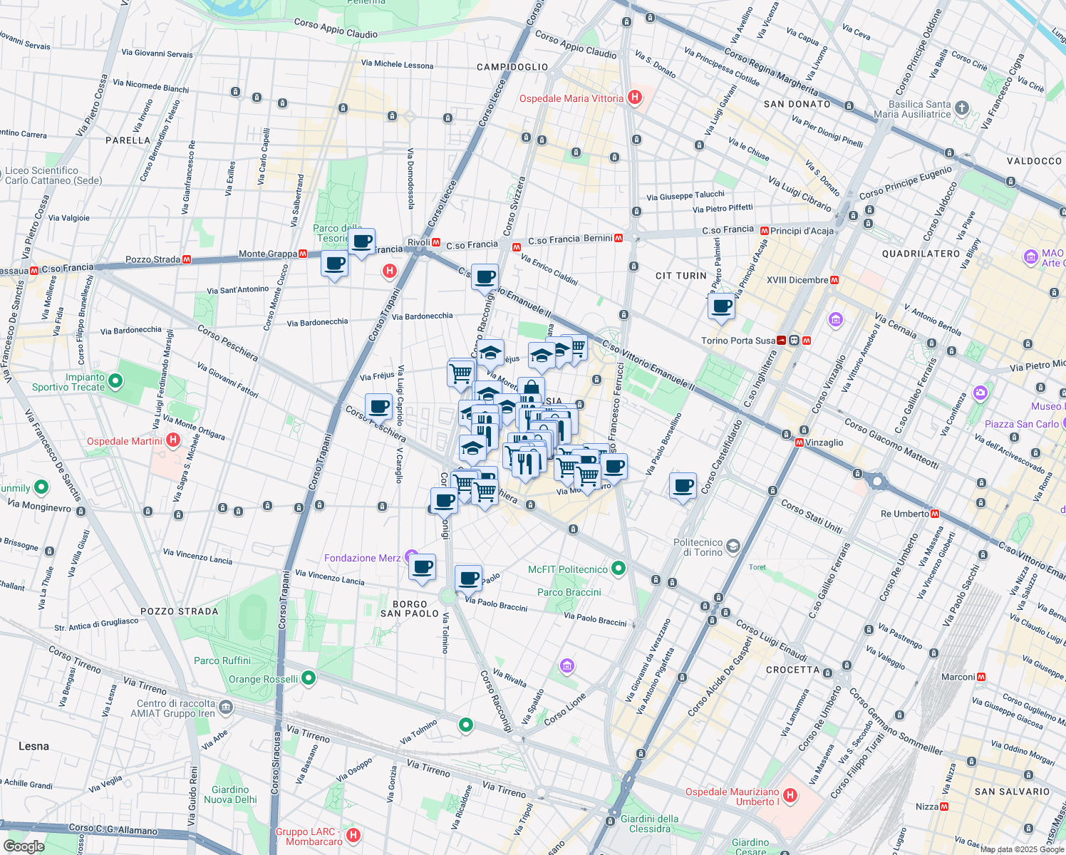map of restaurants, bars, coffee shops, grocery stores, and more near 41-51 Via Cesana in Torino