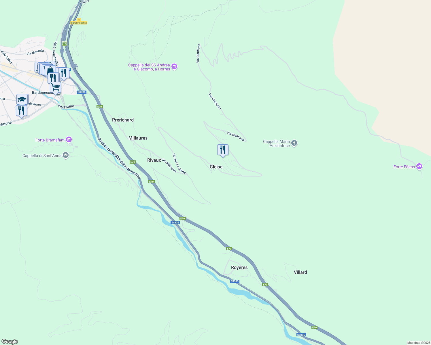 map of restaurants, bars, coffee shops, grocery stores, and more near 57 Strada per Le Gleise in Gleise