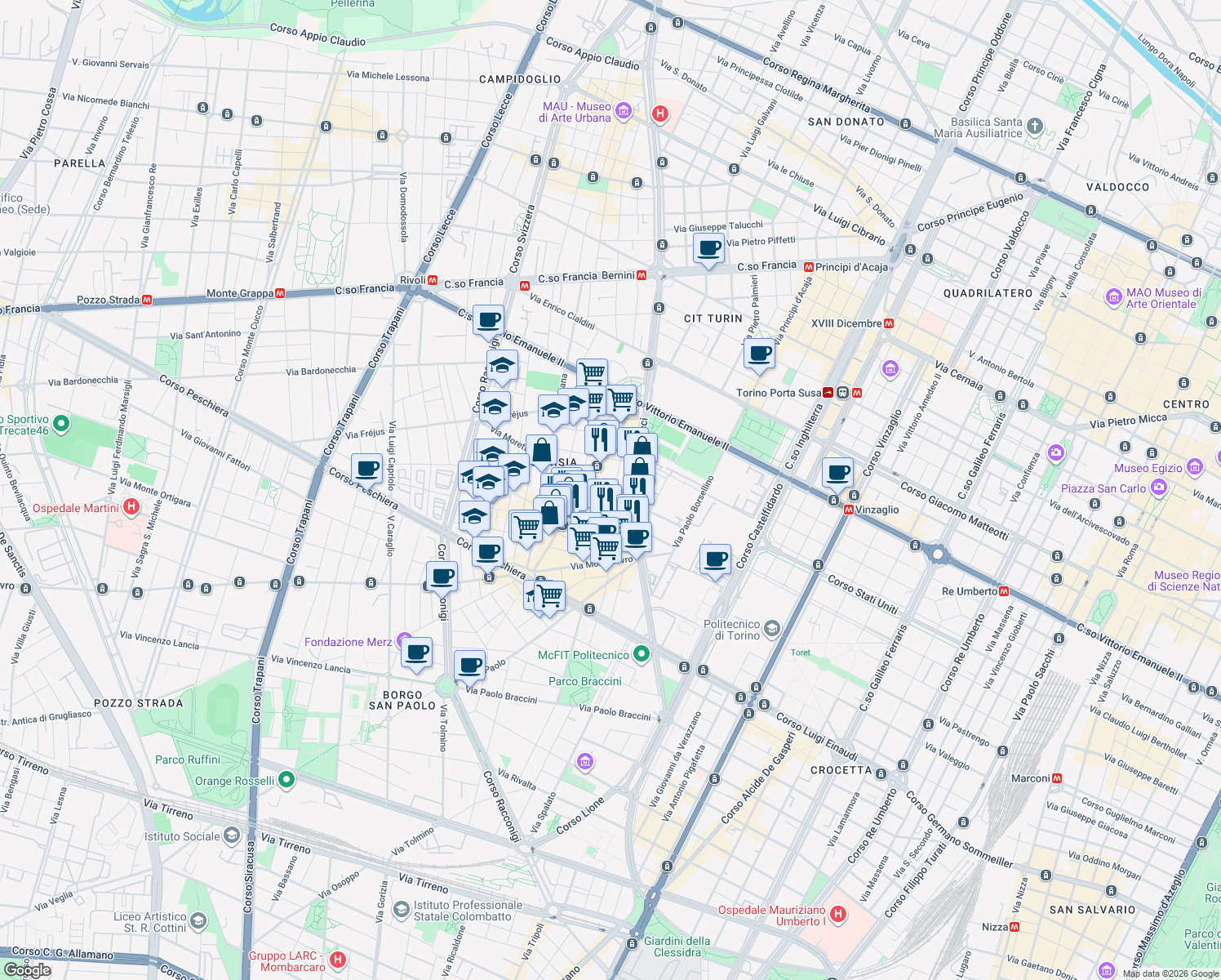 map of restaurants, bars, coffee shops, grocery stores, and more near 1-3 Via Germanasca in Torino