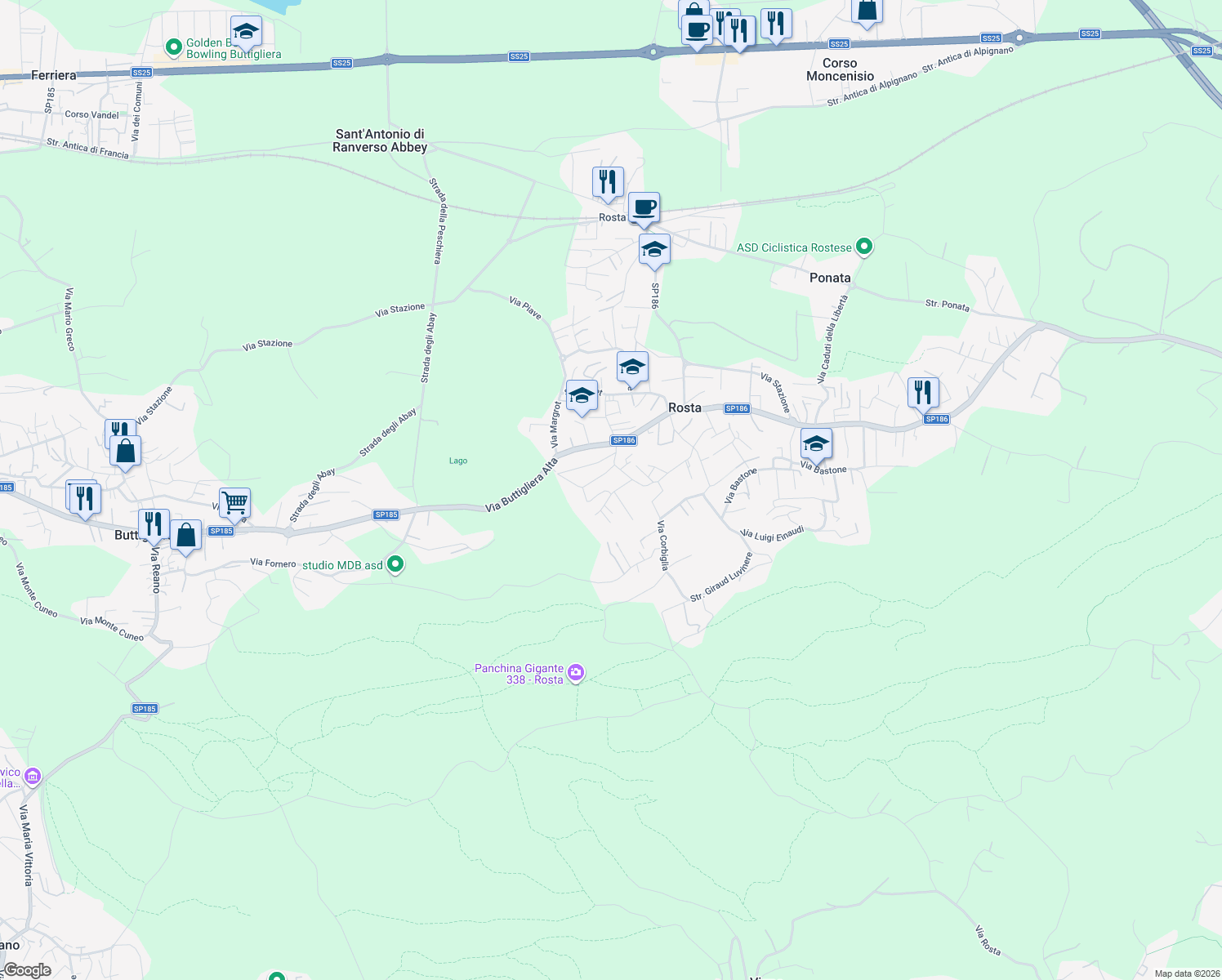 map of restaurants, bars, coffee shops, grocery stores, and more near 27 Via Barrera in Rosta