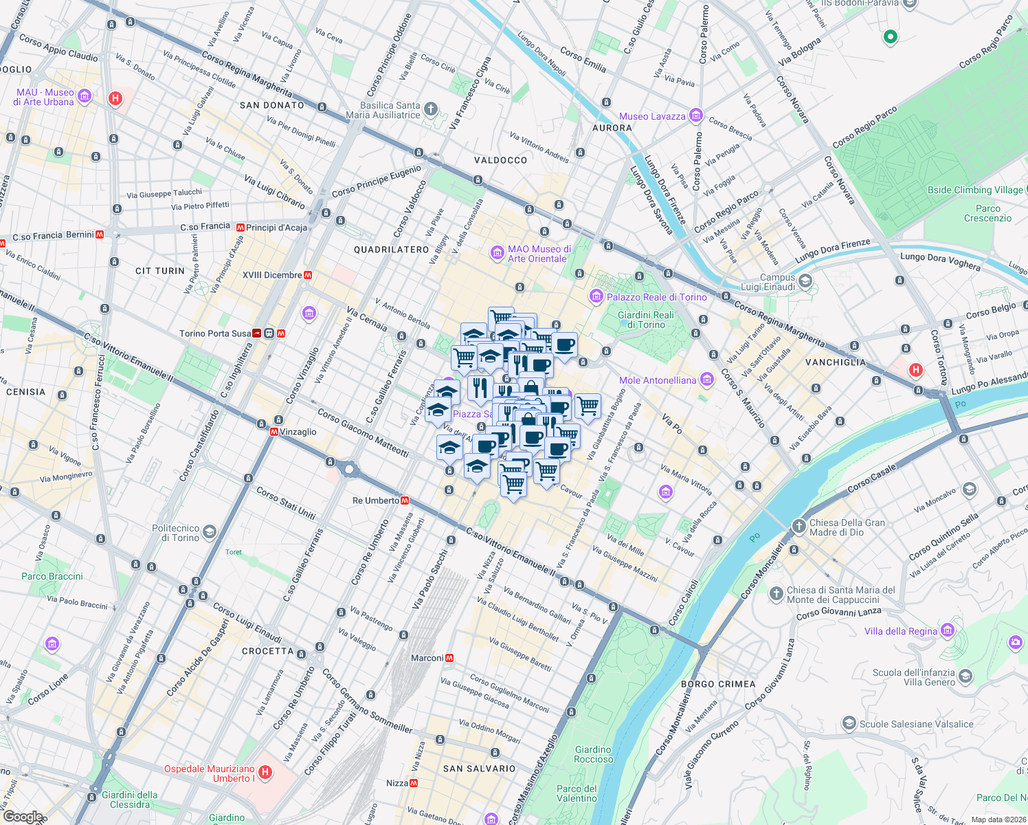 map of restaurants, bars, coffee shops, grocery stores, and more near 3C Via Vittorio Alfieri in Torino