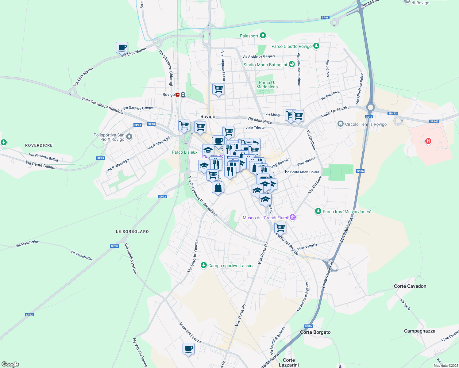 map of restaurants, bars, coffee shops, grocery stores, and more near 1 Via Giovanni Pascoli in Rovigo