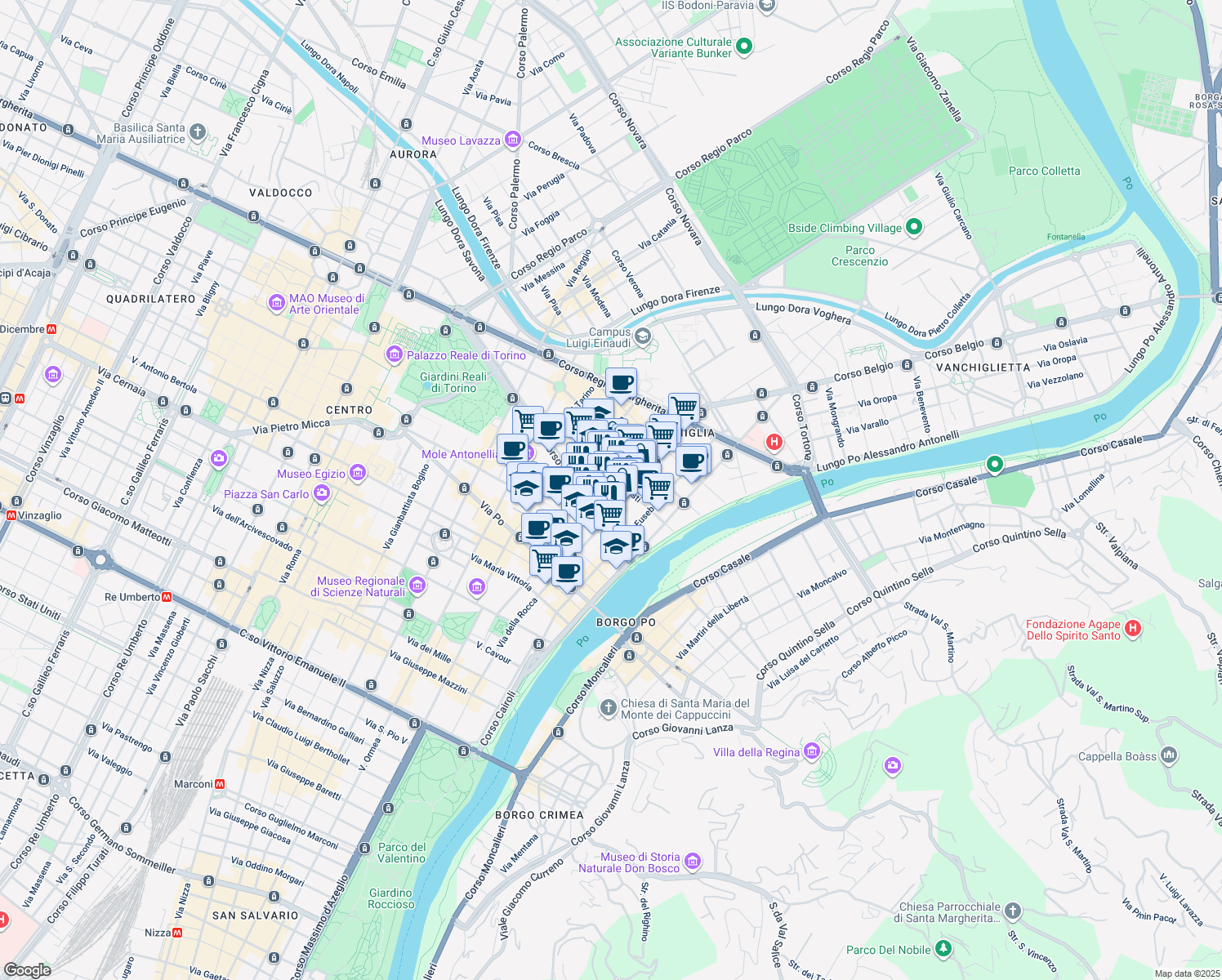 map of restaurants, bars, coffee shops, grocery stores, and more near 11 Via Vanchiglia in Torino