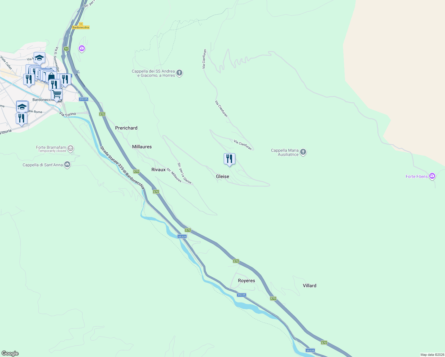 map of restaurants, bars, coffee shops, grocery stores, and more near 6 Borgata Gleise in Gleise