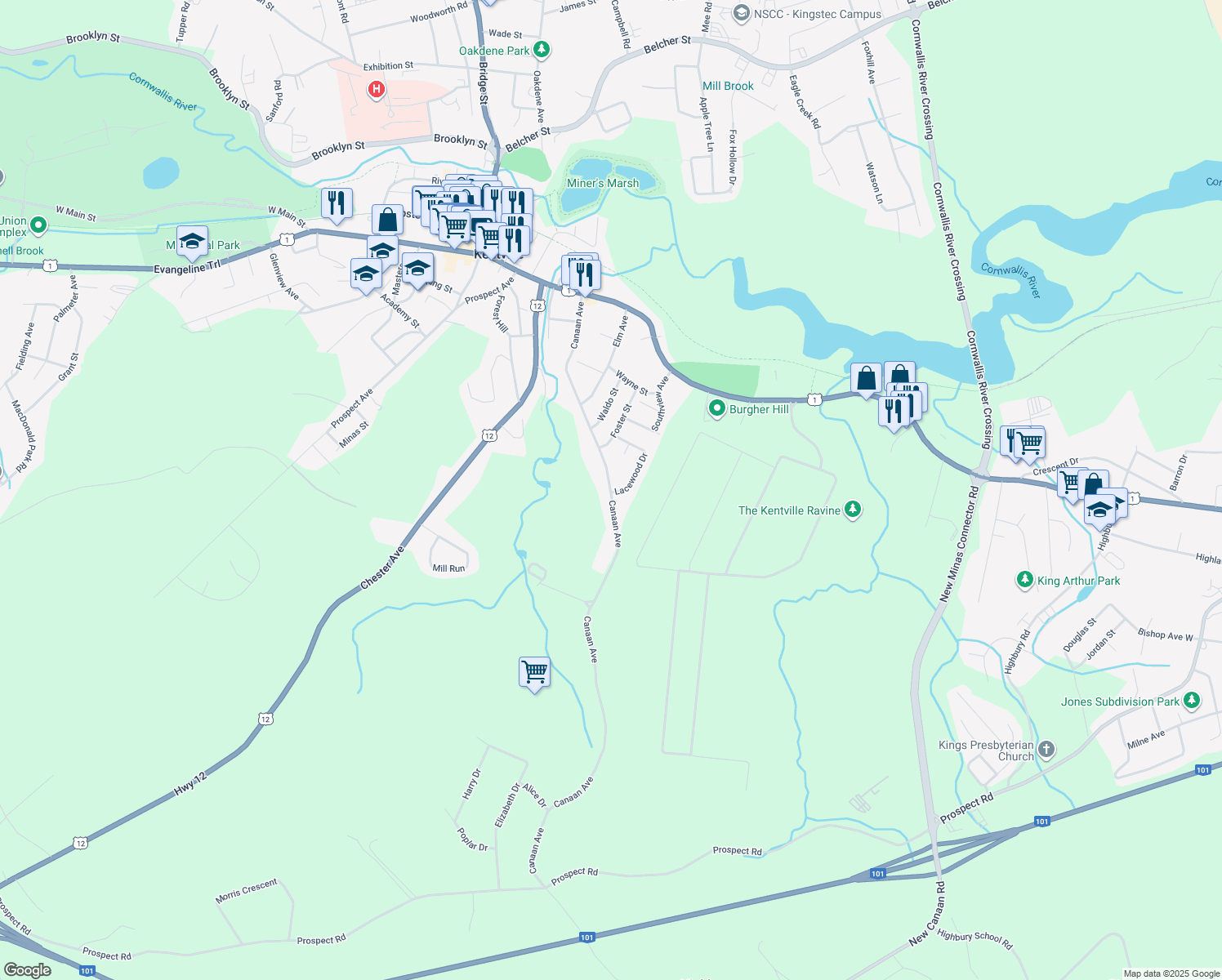 map of restaurants, bars, coffee shops, grocery stores, and more near 182 Canaan Avenue in Kentville