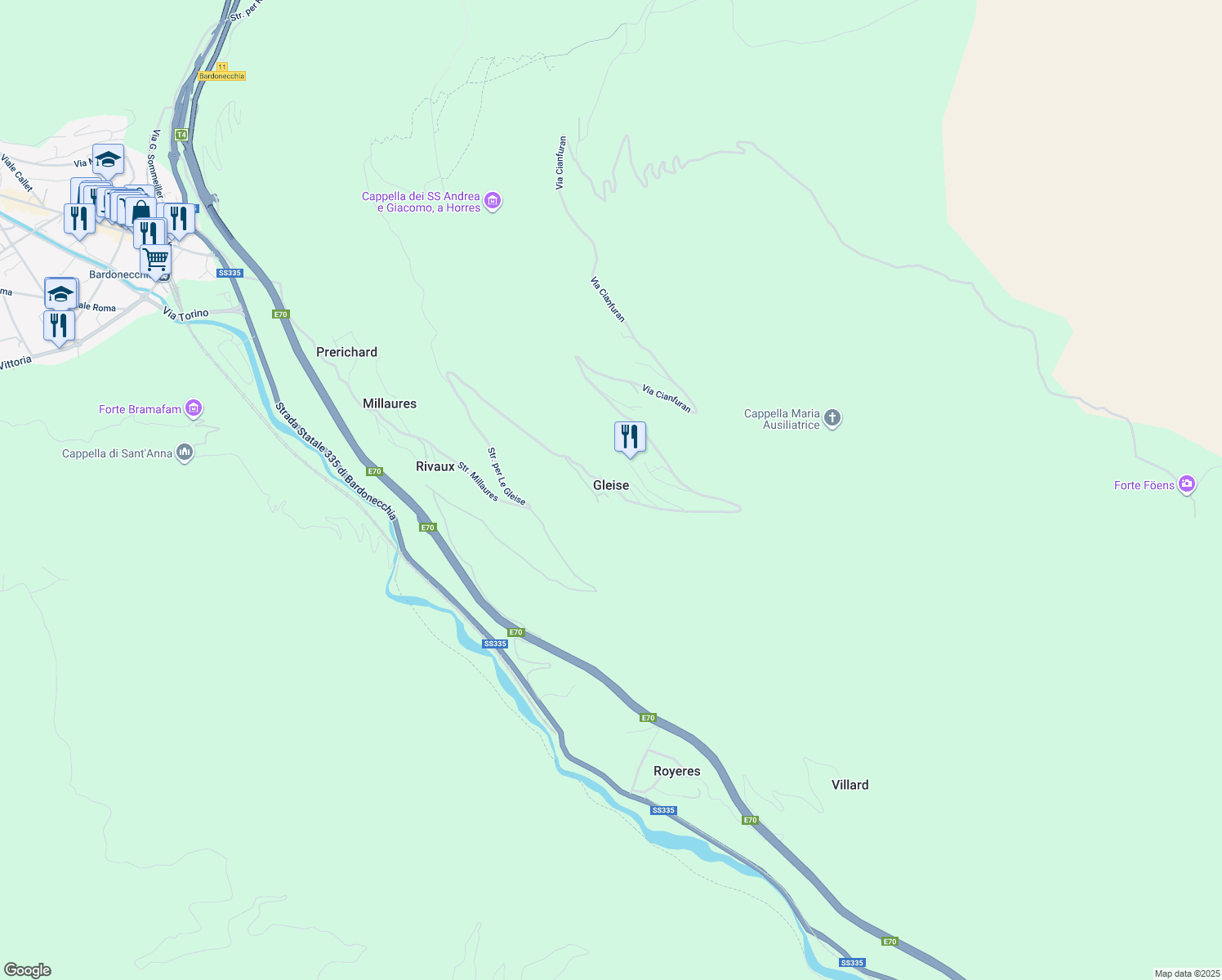 map of restaurants, bars, coffee shops, grocery stores, and more near 57 Strada per Le Gleise in Gleise
