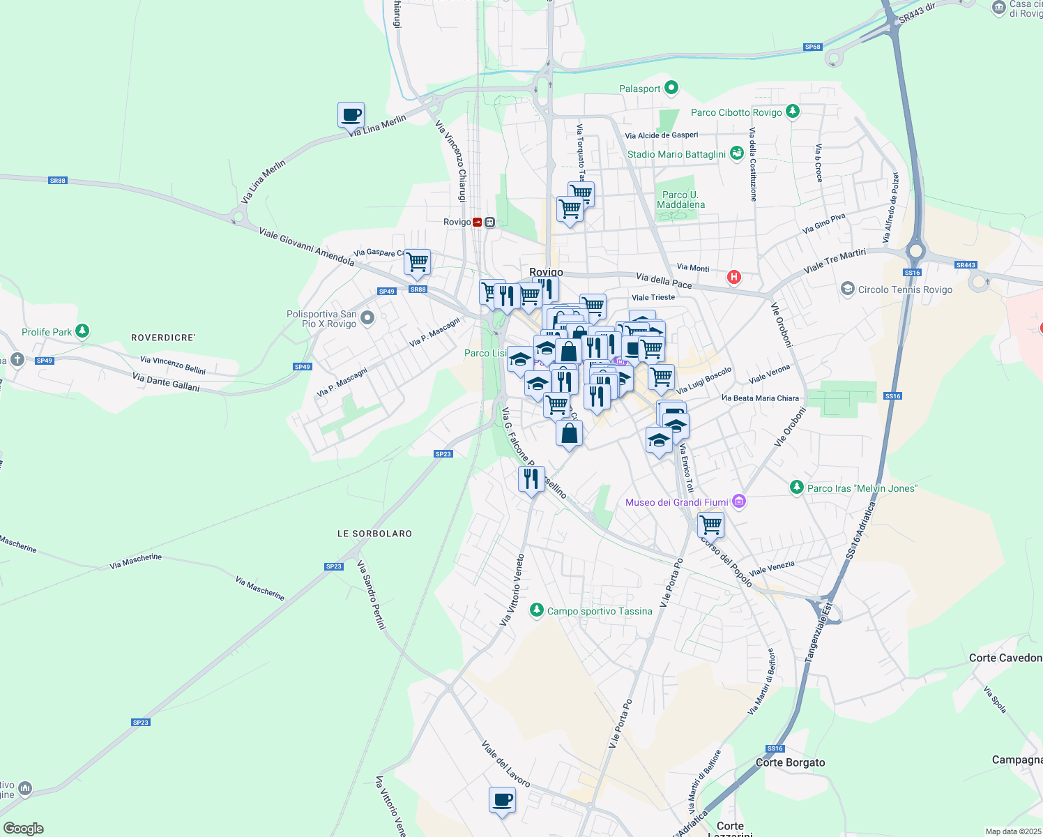 map of restaurants, bars, coffee shops, grocery stores, and more near 33 Via Goffredo Mameli in Rovigo