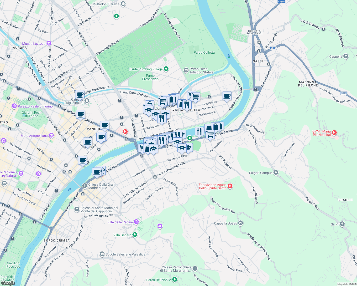 map of restaurants, bars, coffee shops, grocery stores, and more near Viale Suor G. F Michelotti in Turin