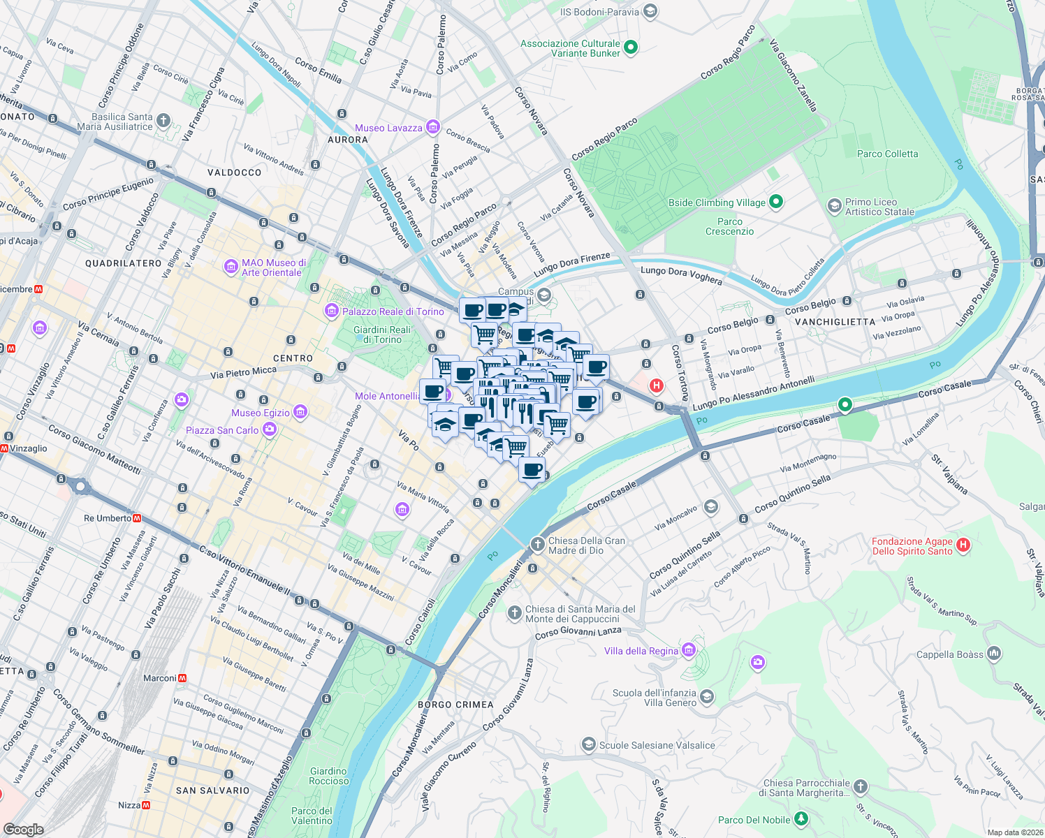 map of restaurants, bars, coffee shops, grocery stores, and more near 21 Via degli Artisti in Turin