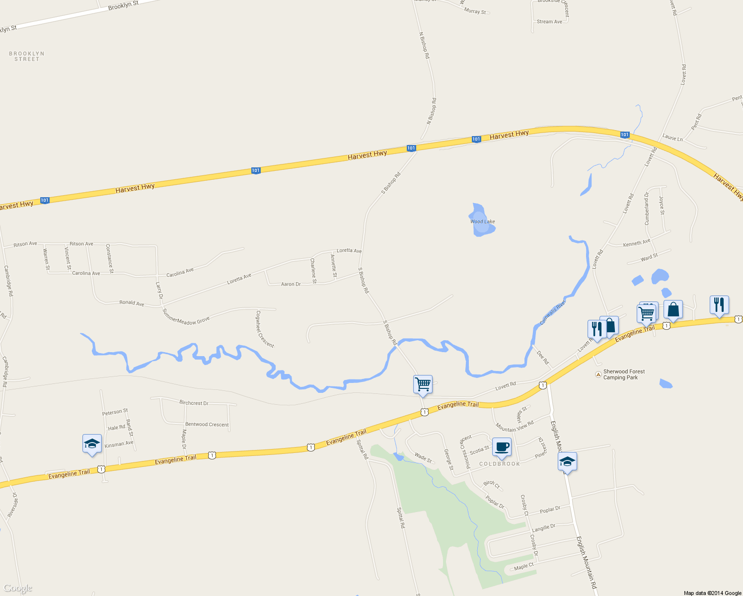 map of restaurants, bars, coffee shops, grocery stores, and more near South Bishop Road in Coldbrook