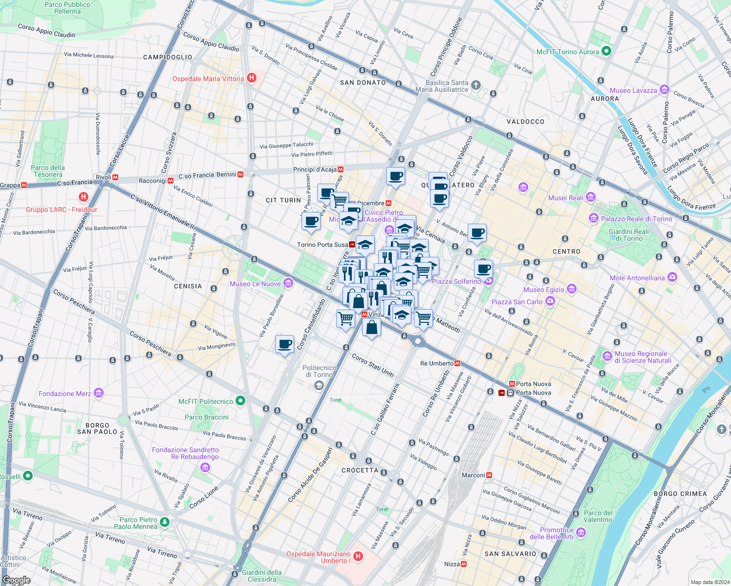map of restaurants, bars, coffee shops, grocery stores, and more near 53 Corso Giacomo Matteotti in Torino