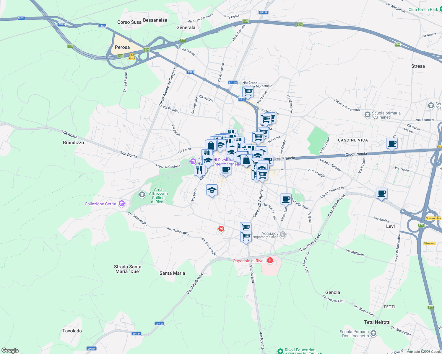 map of restaurants, bars, coffee shops, grocery stores, and more near 8C Piazza San Rocco in Rivoli