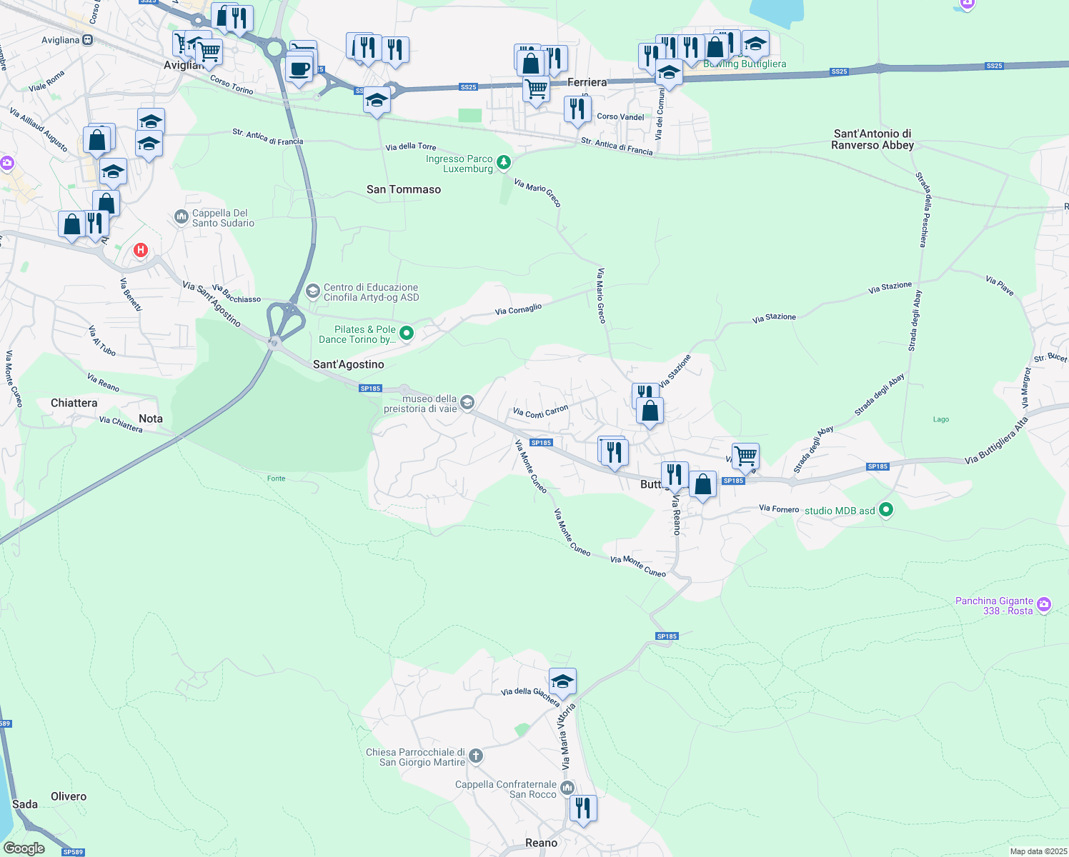 map of restaurants, bars, coffee shops, grocery stores, and more near 80 Via Avigliana in Buttigliera Alta