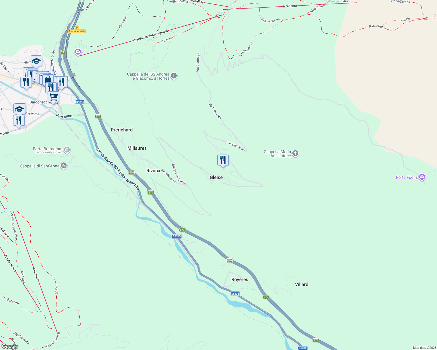 map of restaurants, bars, coffee shops, grocery stores, and more near 6 Borgata Gleise in Gleise