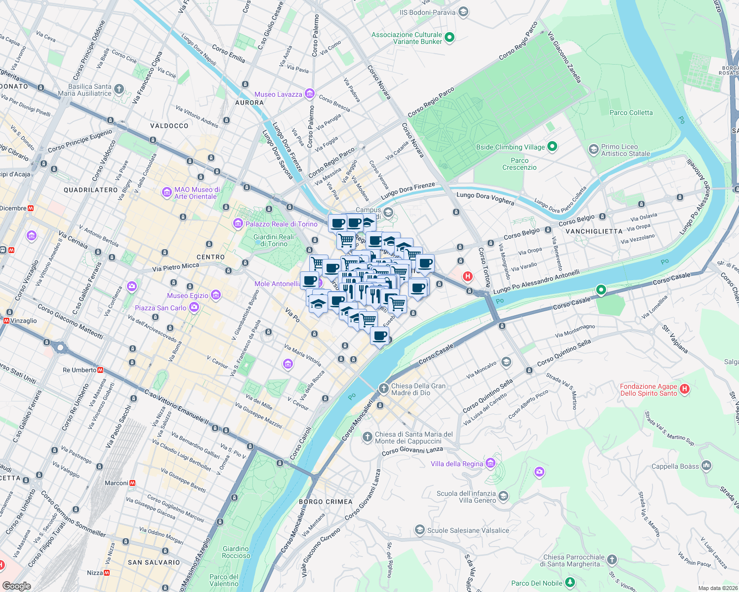 map of restaurants, bars, coffee shops, grocery stores, and more near 21 Via degli Artisti in Turin