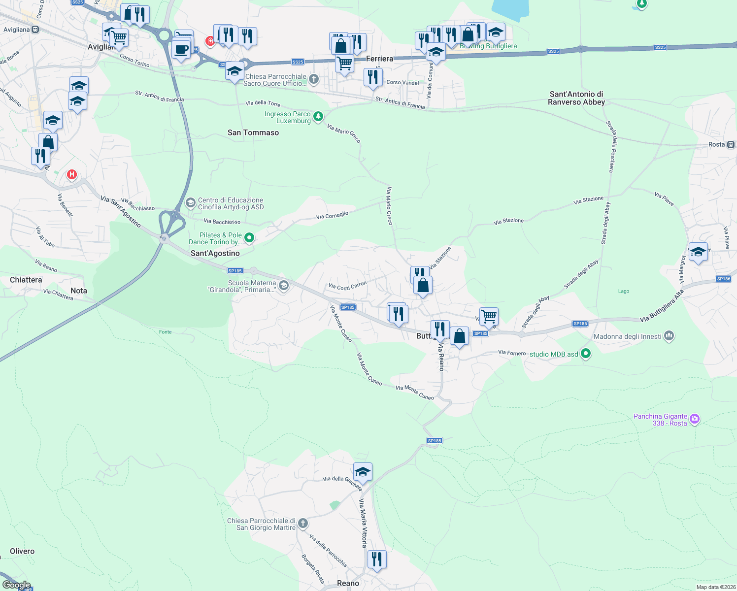 map of restaurants, bars, coffee shops, grocery stores, and more near 54 Via Avigliana in Buttigliera Alta