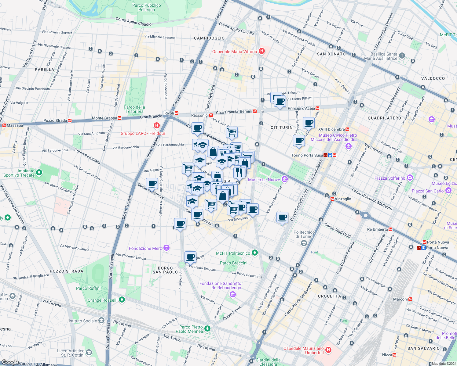 map of restaurants, bars, coffee shops, grocery stores, and more near 25 Via Lombriasco in Torino