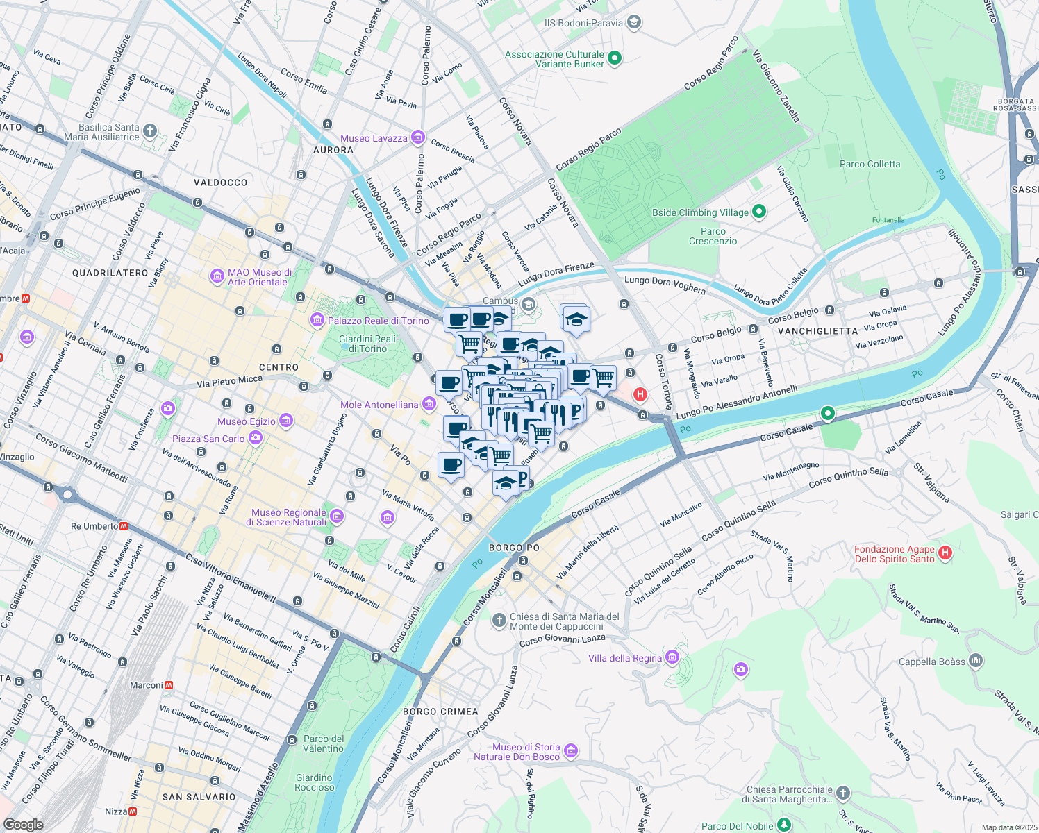 map of restaurants, bars, coffee shops, grocery stores, and more near 58 Via Santa Giulia in Torino