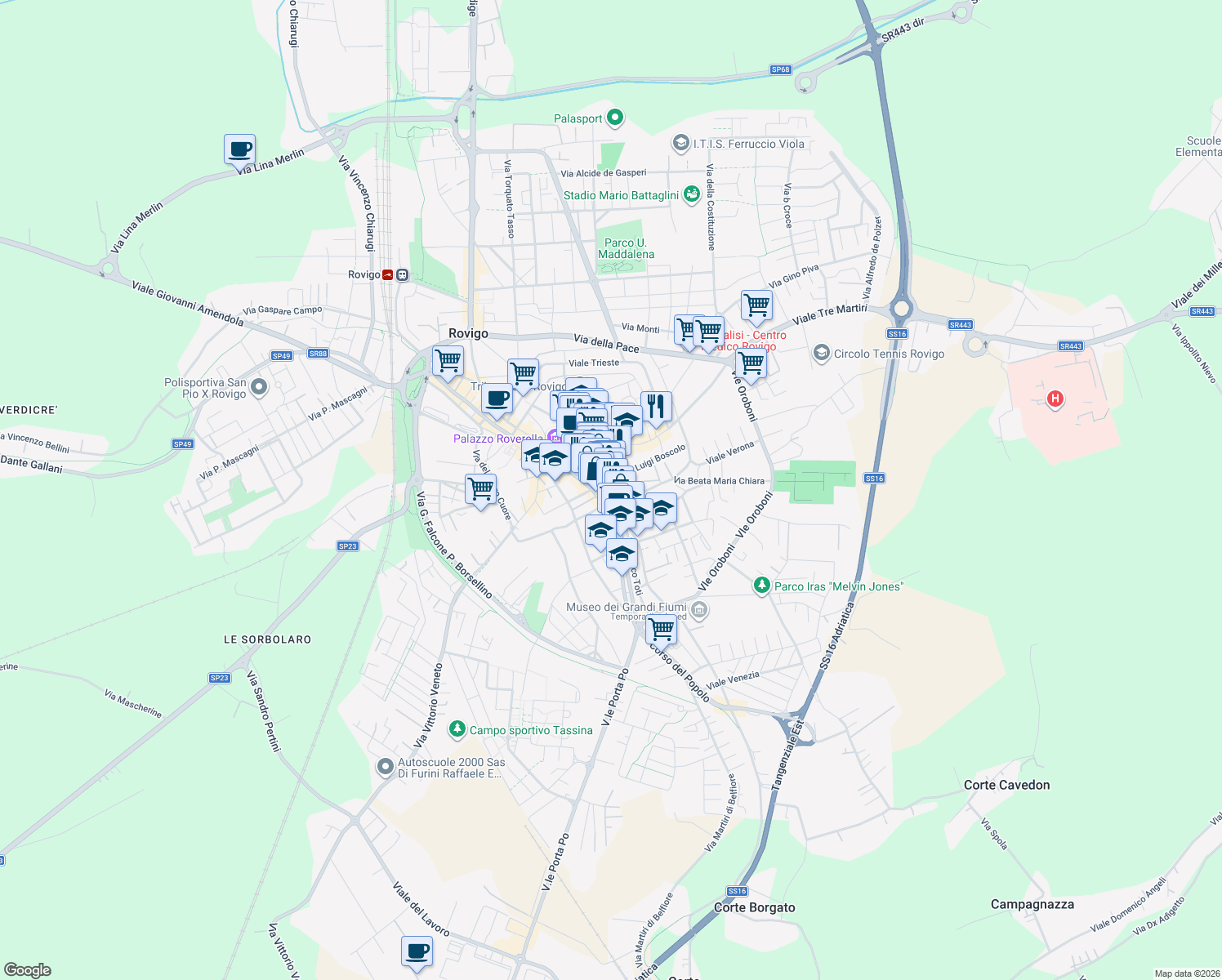 map of restaurants, bars, coffee shops, grocery stores, and more near 2 Via Giovanni Miani in Rovigo