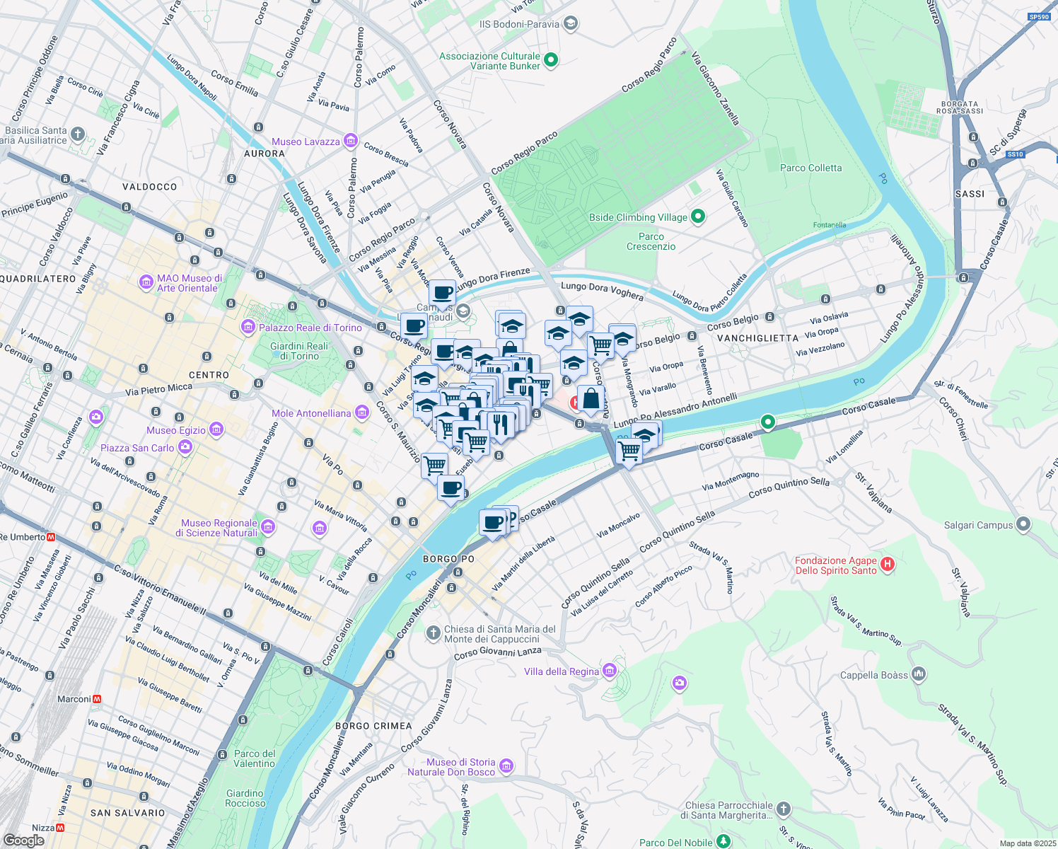 map of restaurants, bars, coffee shops, grocery stores, and more near 1-5 Via Pietro Cavezzale in Turin