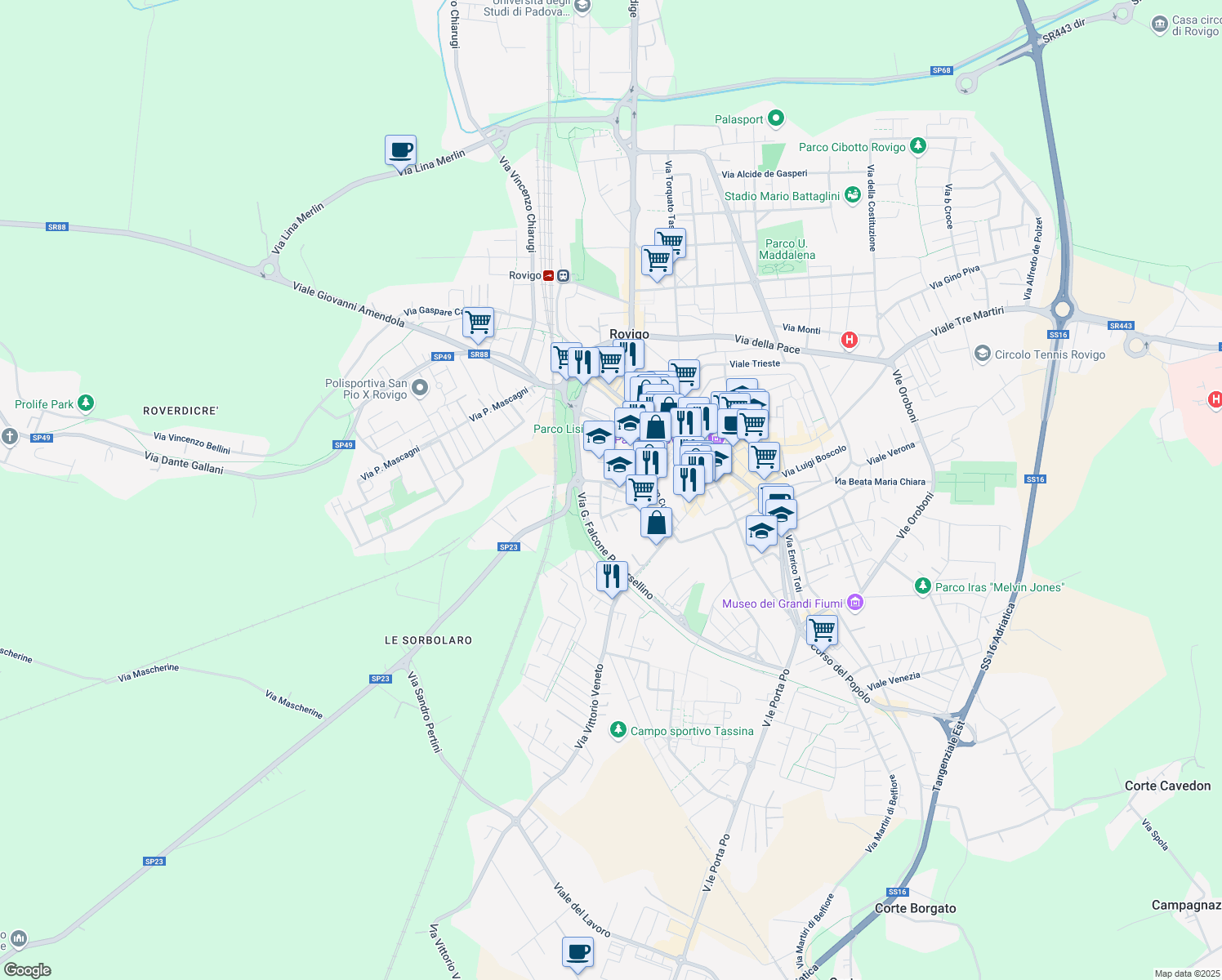 map of restaurants, bars, coffee shops, grocery stores, and more near 33 Via Goffredo Mameli in Rovigo