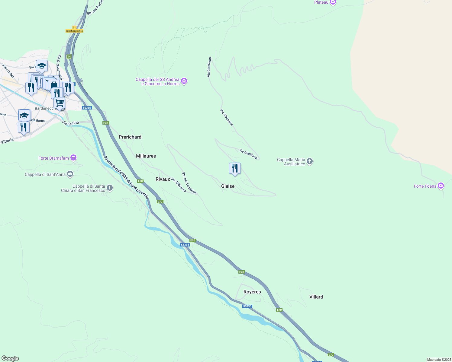map of restaurants, bars, coffee shops, grocery stores, and more near 6 Borgata Gleise in Gleise