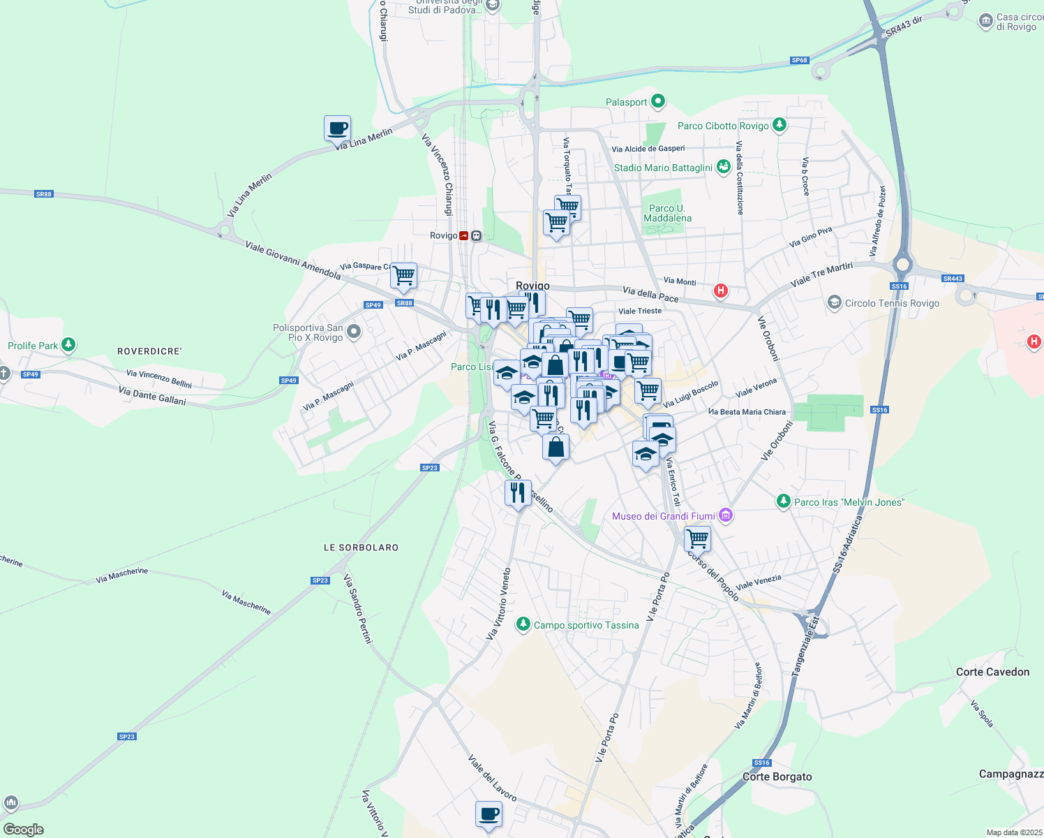 map of restaurants, bars, coffee shops, grocery stores, and more near 33 Via Goffredo Mameli in Rovigo