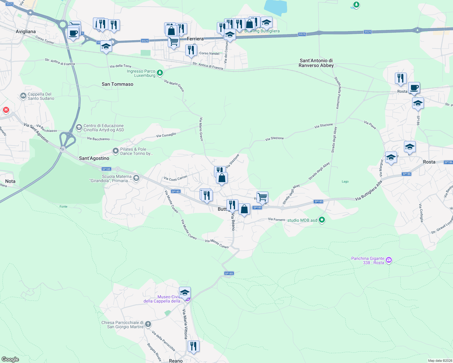 map of restaurants, bars, coffee shops, grocery stores, and more near 8 Via San Marco in Buttigliera Alta
