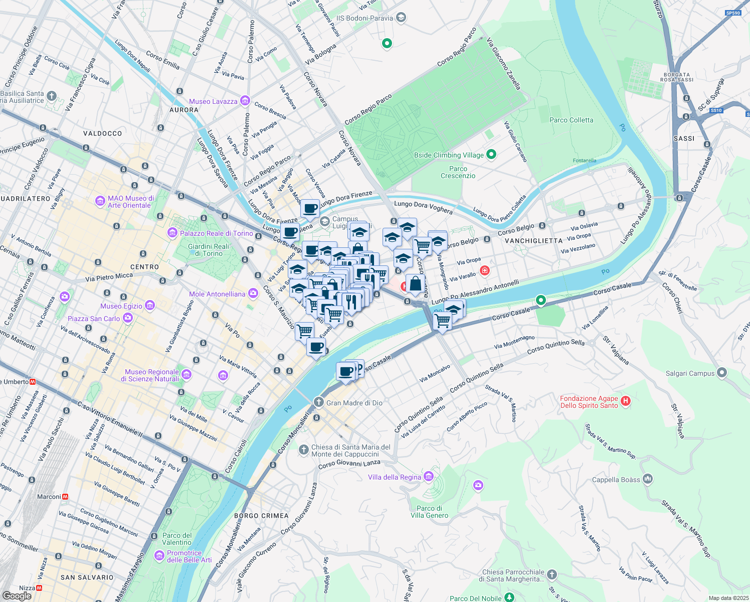 map of restaurants, bars, coffee shops, grocery stores, and more near 1 Via Pietro Cavezzale in Torino