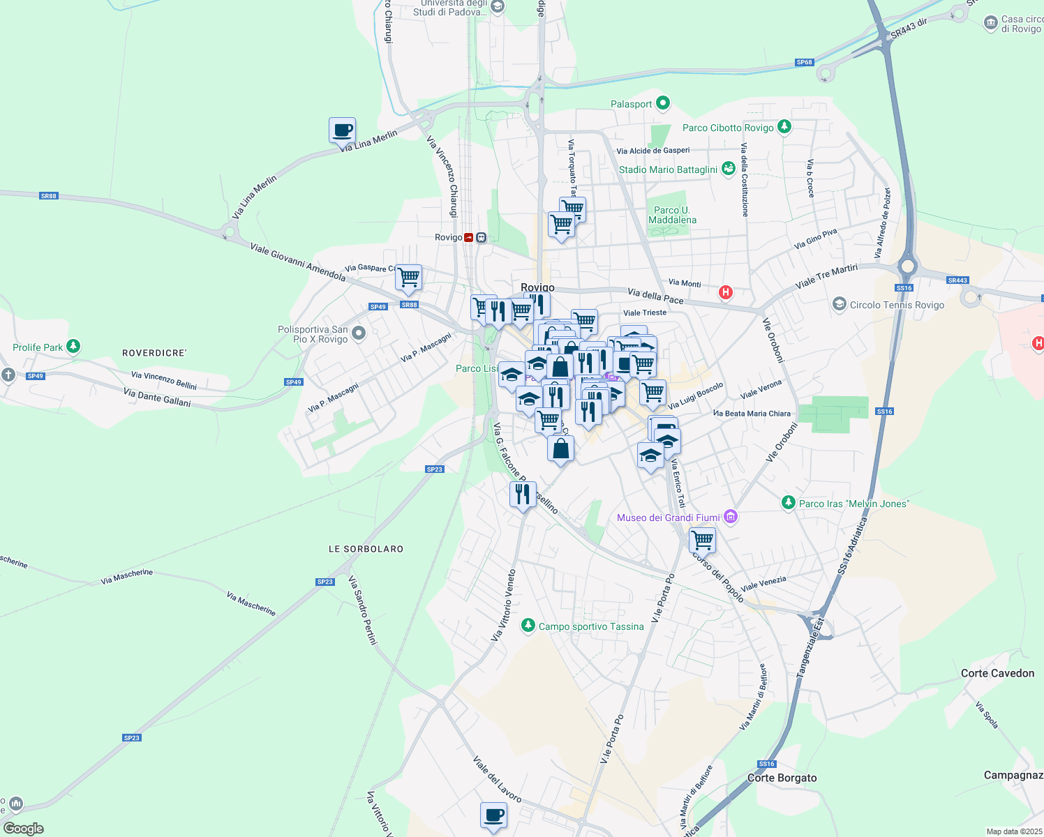 map of restaurants, bars, coffee shops, grocery stores, and more near 33 Via Goffredo Mameli in Rovigo