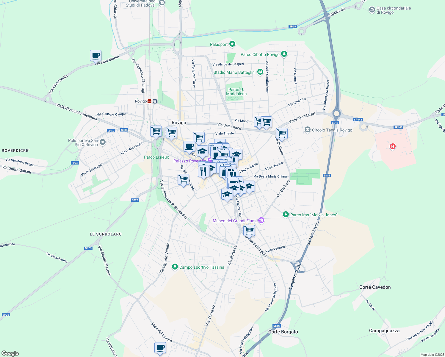 map of restaurants, bars, coffee shops, grocery stores, and more near 3 Vicolo Venezze in Rovigo