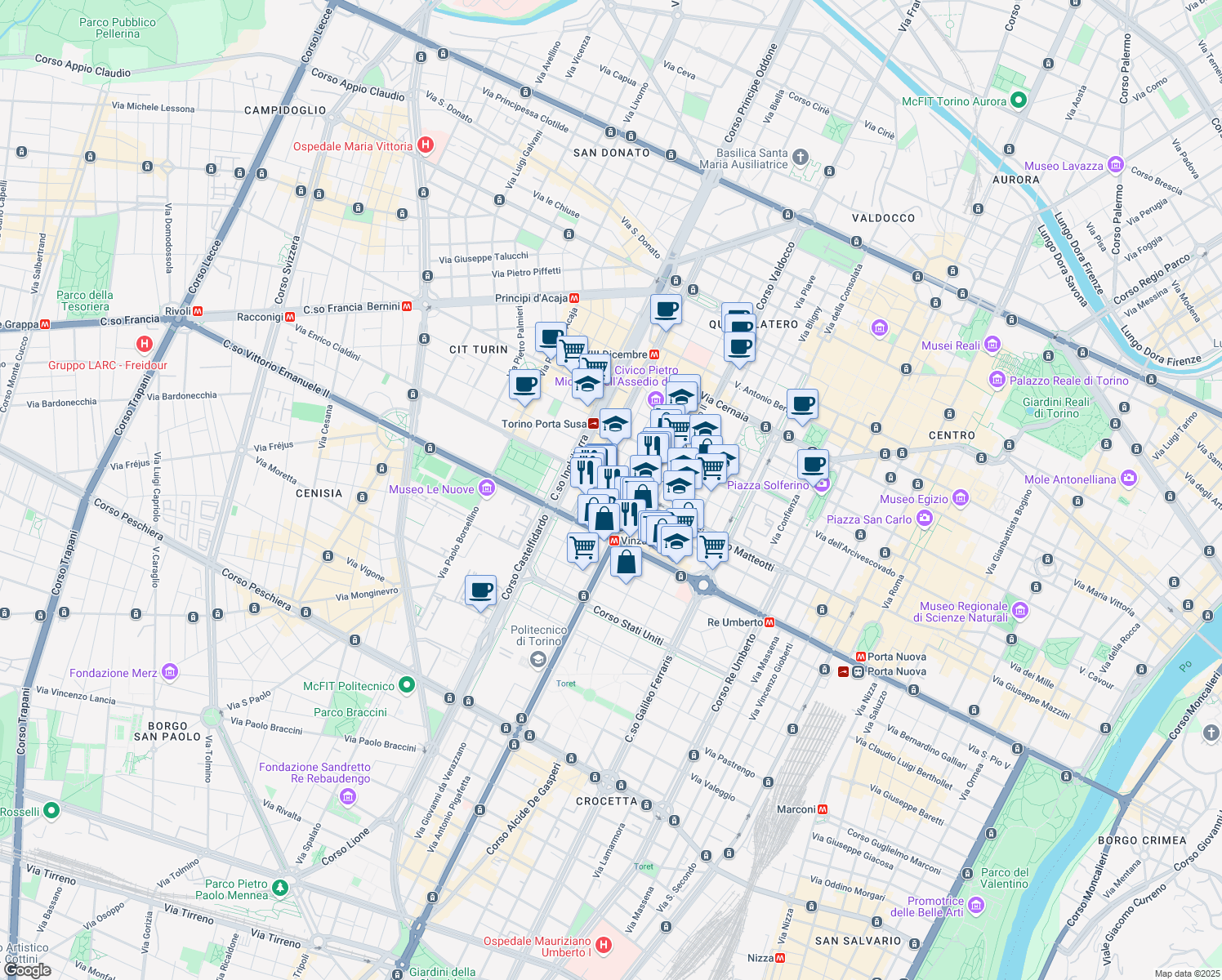map of restaurants, bars, coffee shops, grocery stores, and more near 53 Corso Giacomo Matteotti in Torino