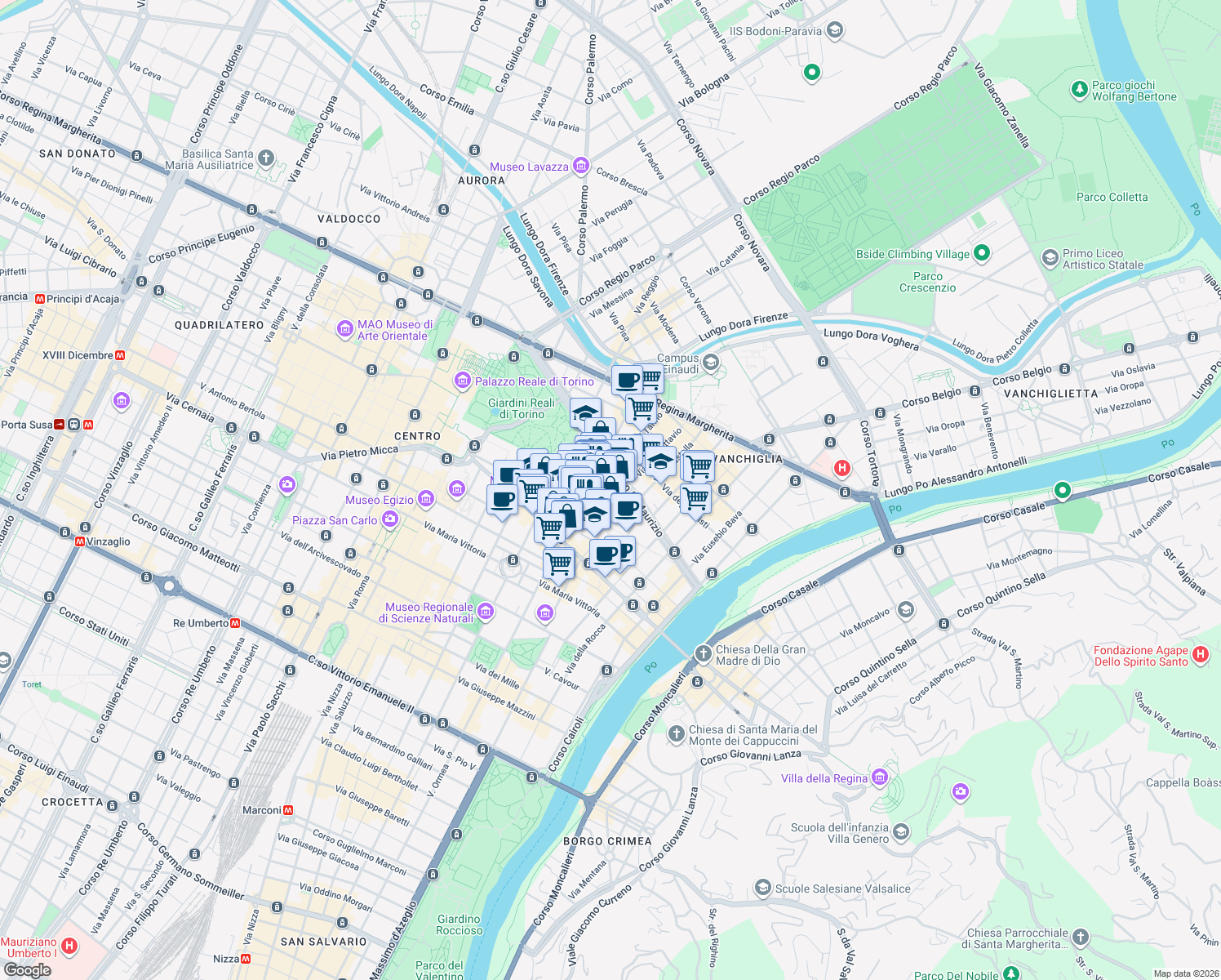 map of restaurants, bars, coffee shops, grocery stores, and more near 2 Via Alessandro Riberi in Torino