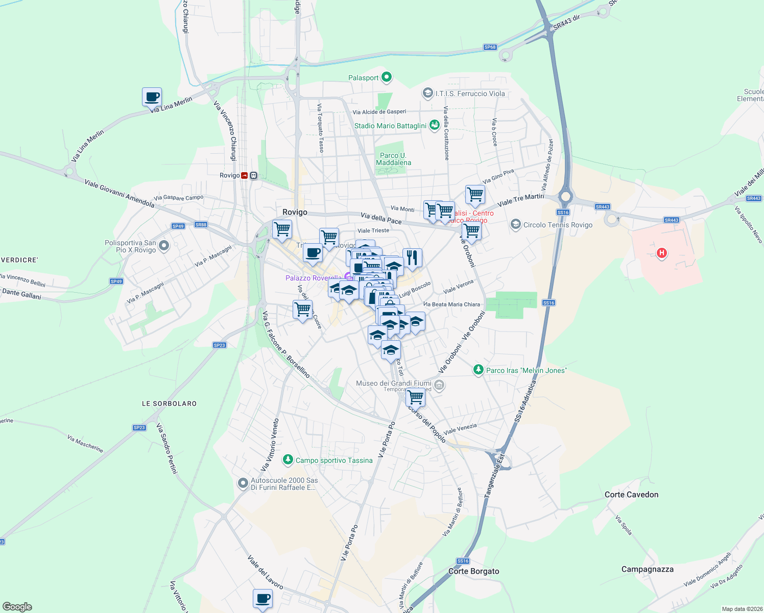 map of restaurants, bars, coffee shops, grocery stores, and more near 2 Via Giovanni Miani in Rovigo