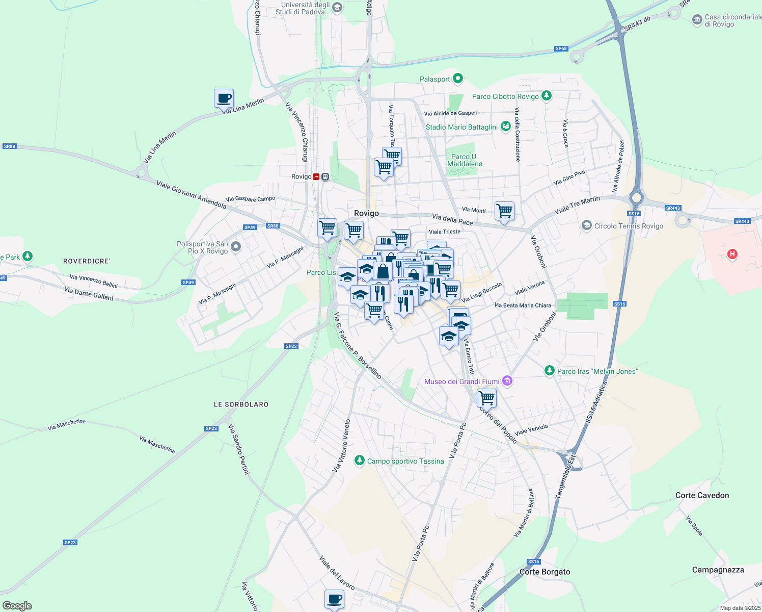 map of restaurants, bars, coffee shops, grocery stores, and more near Via del Sacro Cuore in Rovigo