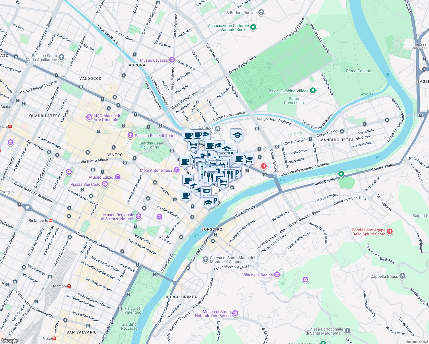 map of restaurants, bars, coffee shops, grocery stores, and more near 54-58 Via Santa Giulia in Torino