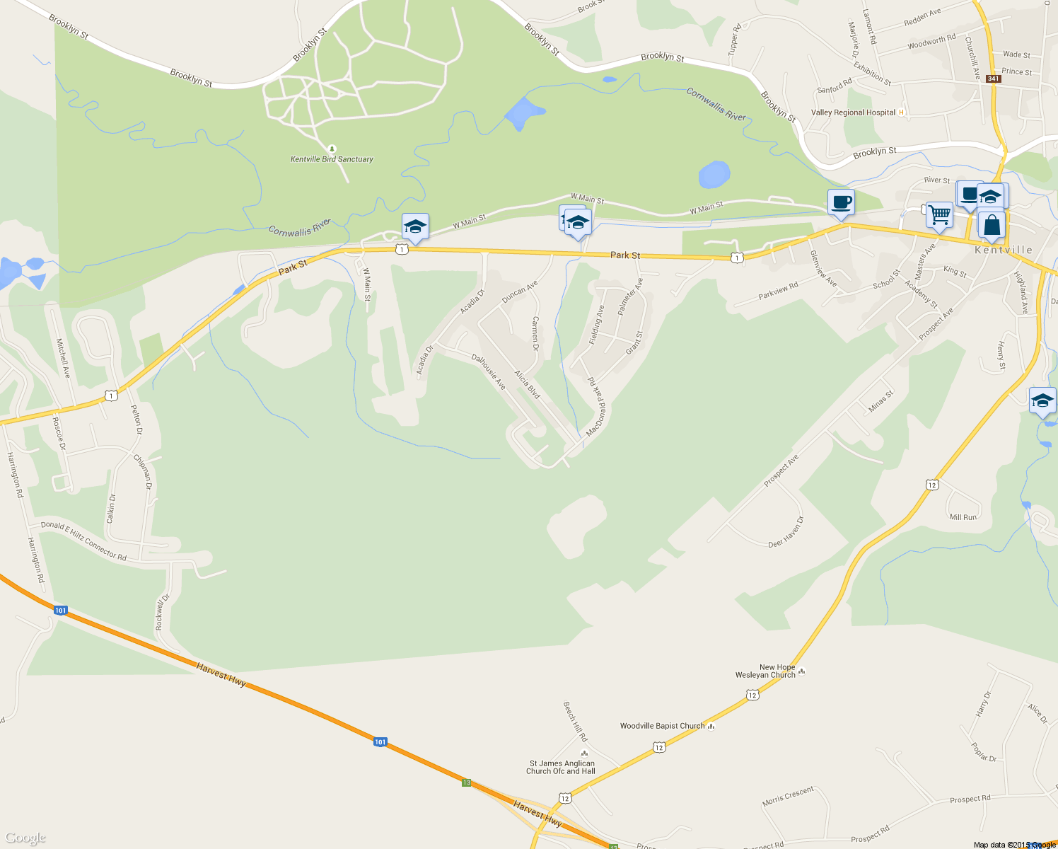 map of restaurants, bars, coffee shops, grocery stores, and more near 95 Macdonald Park Road in Kentville