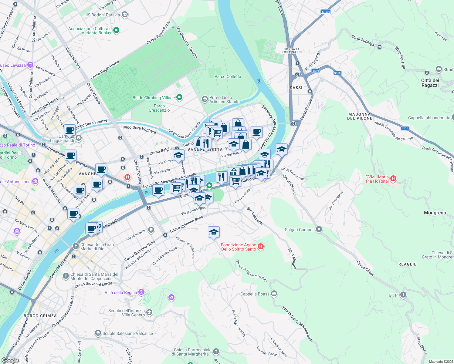 map of restaurants, bars, coffee shops, grocery stores, and more near Viale Suor G. F Michelotti in Turin