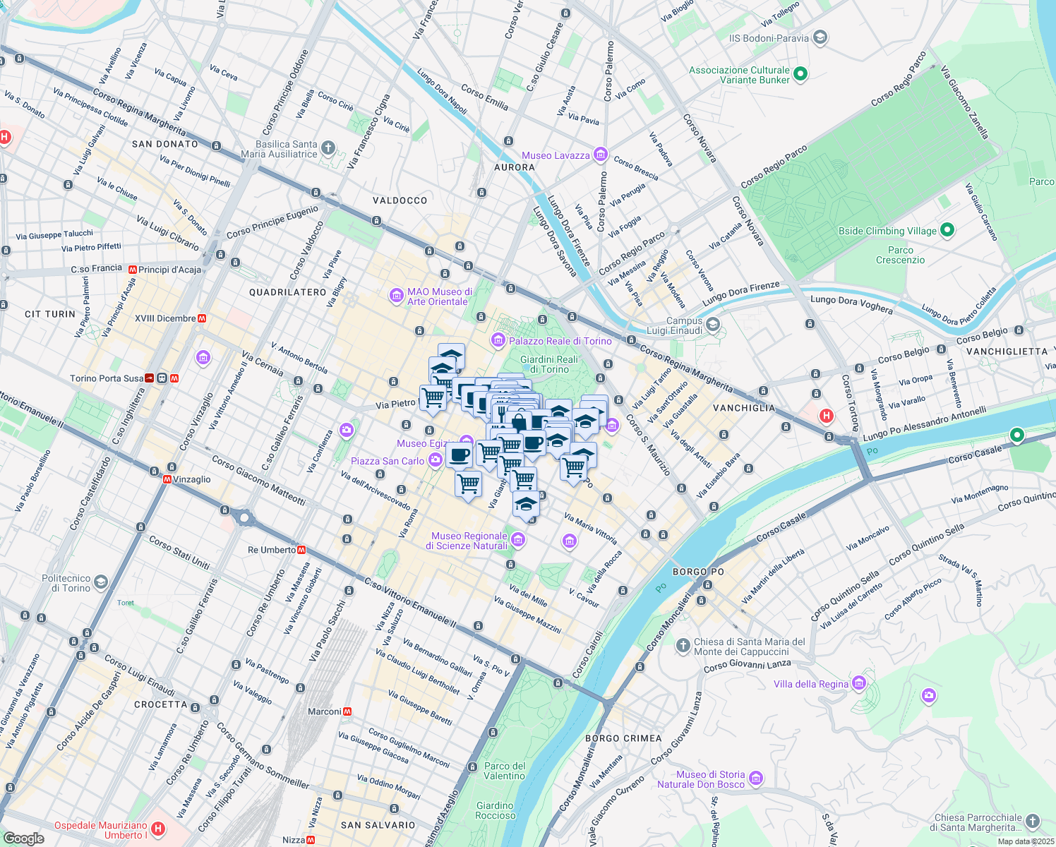 map of restaurants, bars, coffee shops, grocery stores, and more near 5 Via Giambattista Bogino in Torino