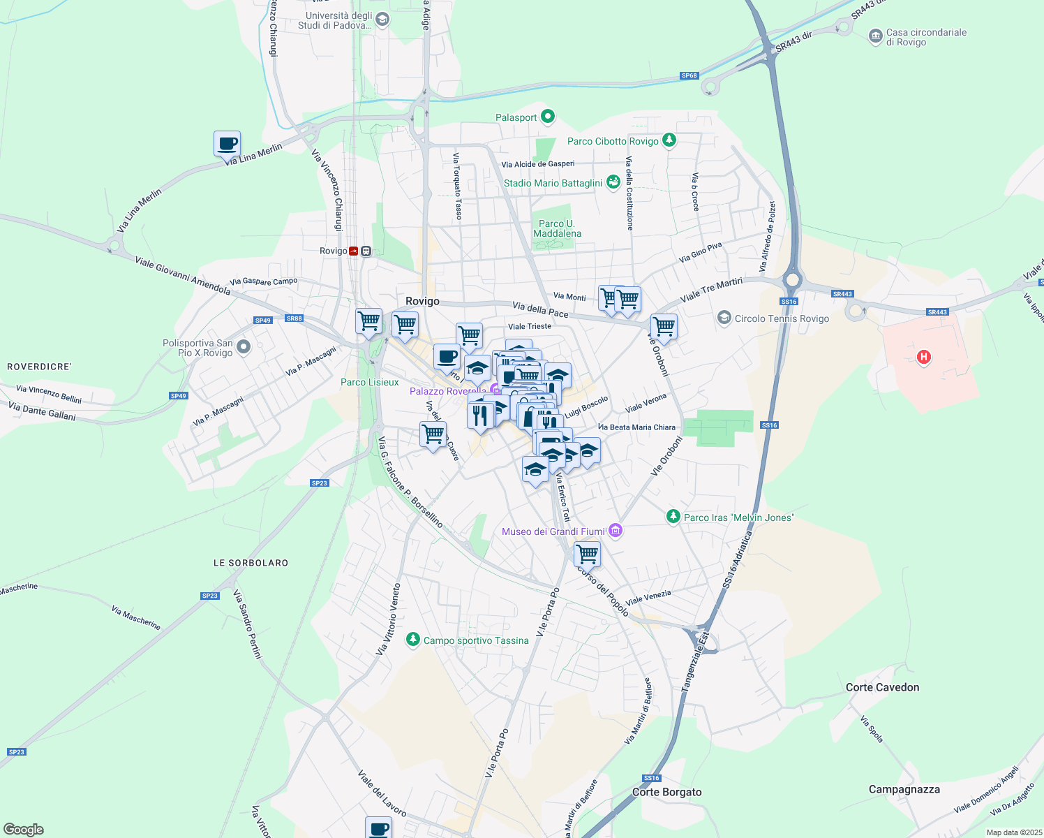 map of restaurants, bars, coffee shops, grocery stores, and more near 3 Vicolo Venezze in Rovigo