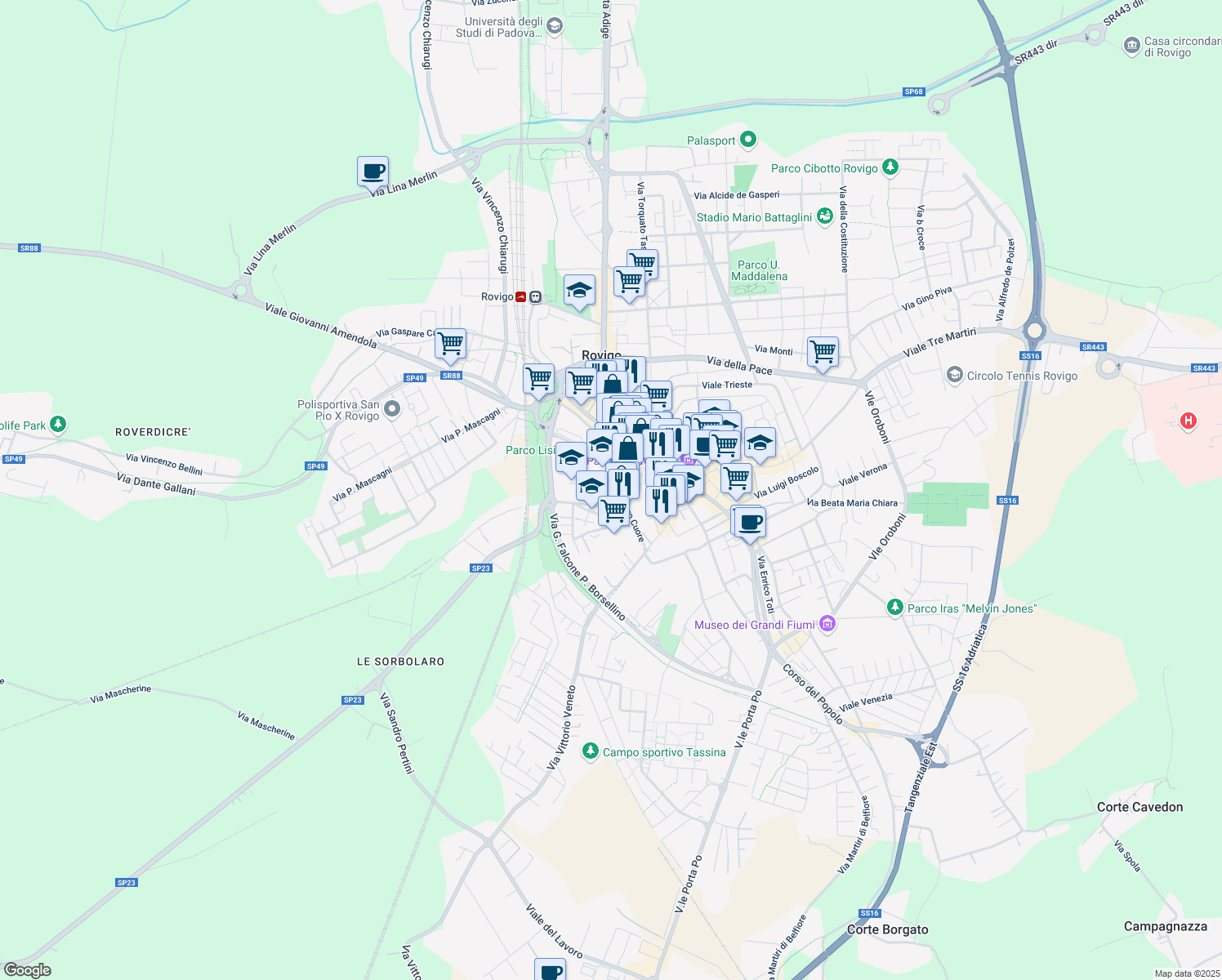 map of restaurants, bars, coffee shops, grocery stores, and more near Via del Sacro Cuore in Rovigo
