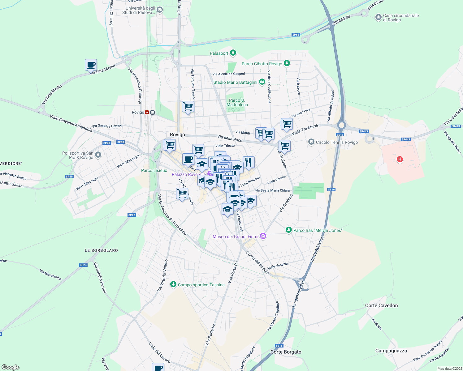 map of restaurants, bars, coffee shops, grocery stores, and more near 7 Piazza Umberto Merlin in Rovigo