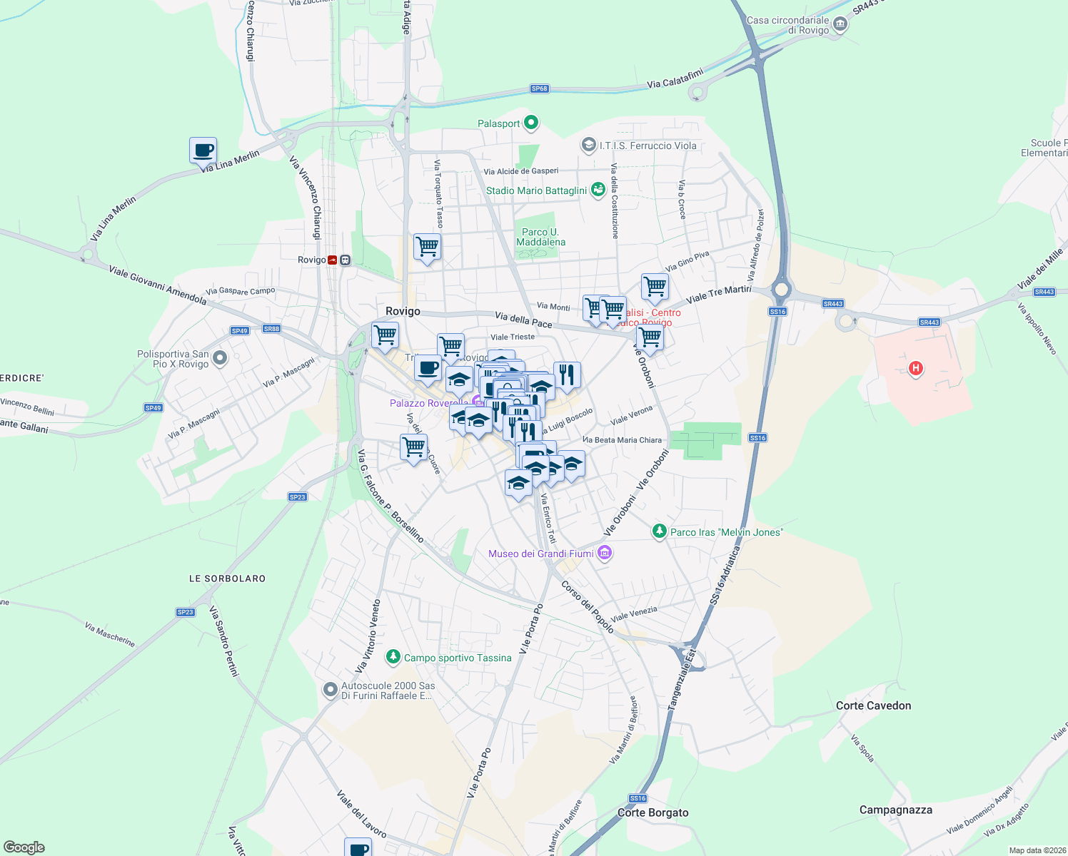 map of restaurants, bars, coffee shops, grocery stores, and more near 7 Piazza Umberto Merlin in Rovigo
