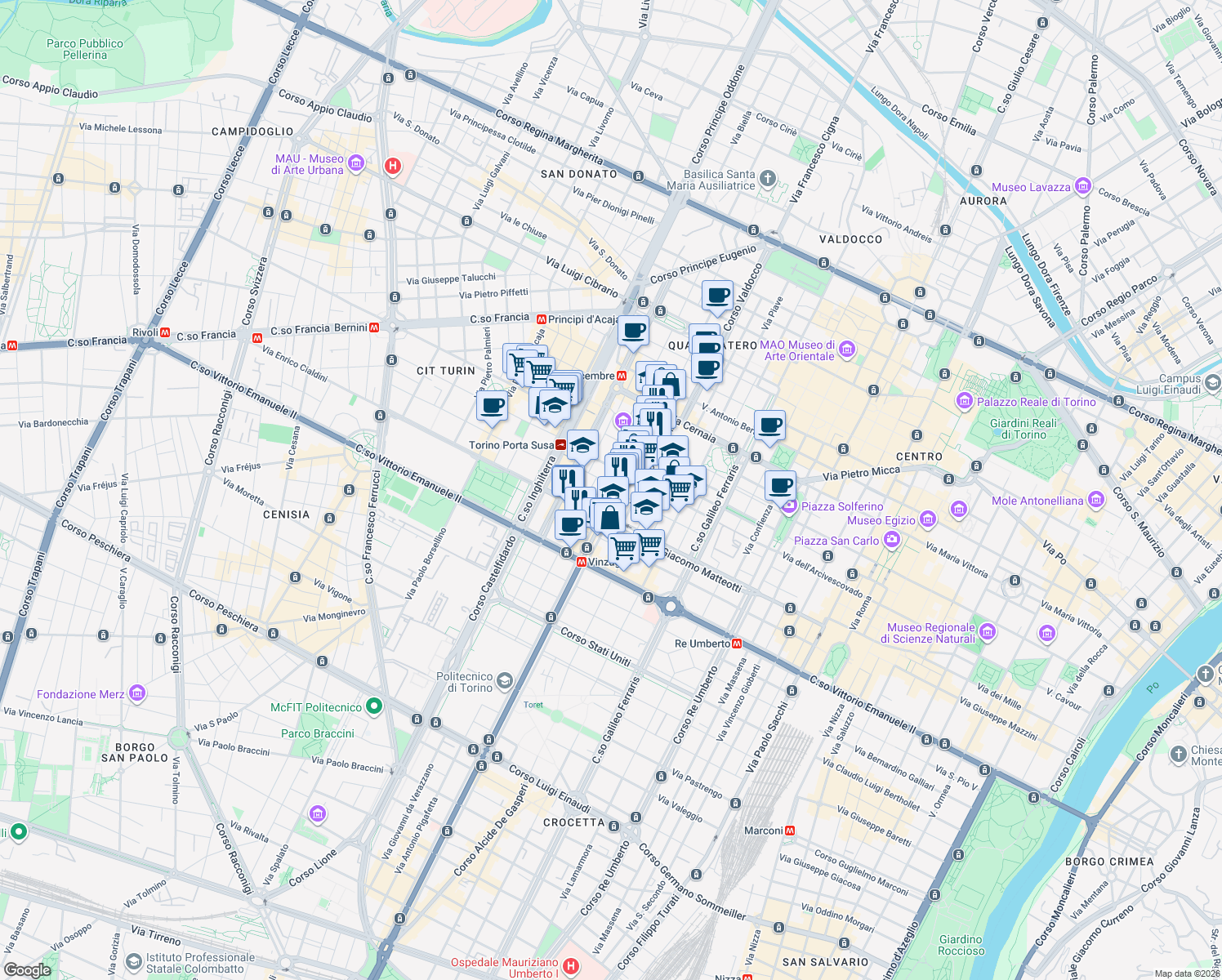 map of restaurants, bars, coffee shops, grocery stores, and more near 12 Corso Vinzaglio in Turin