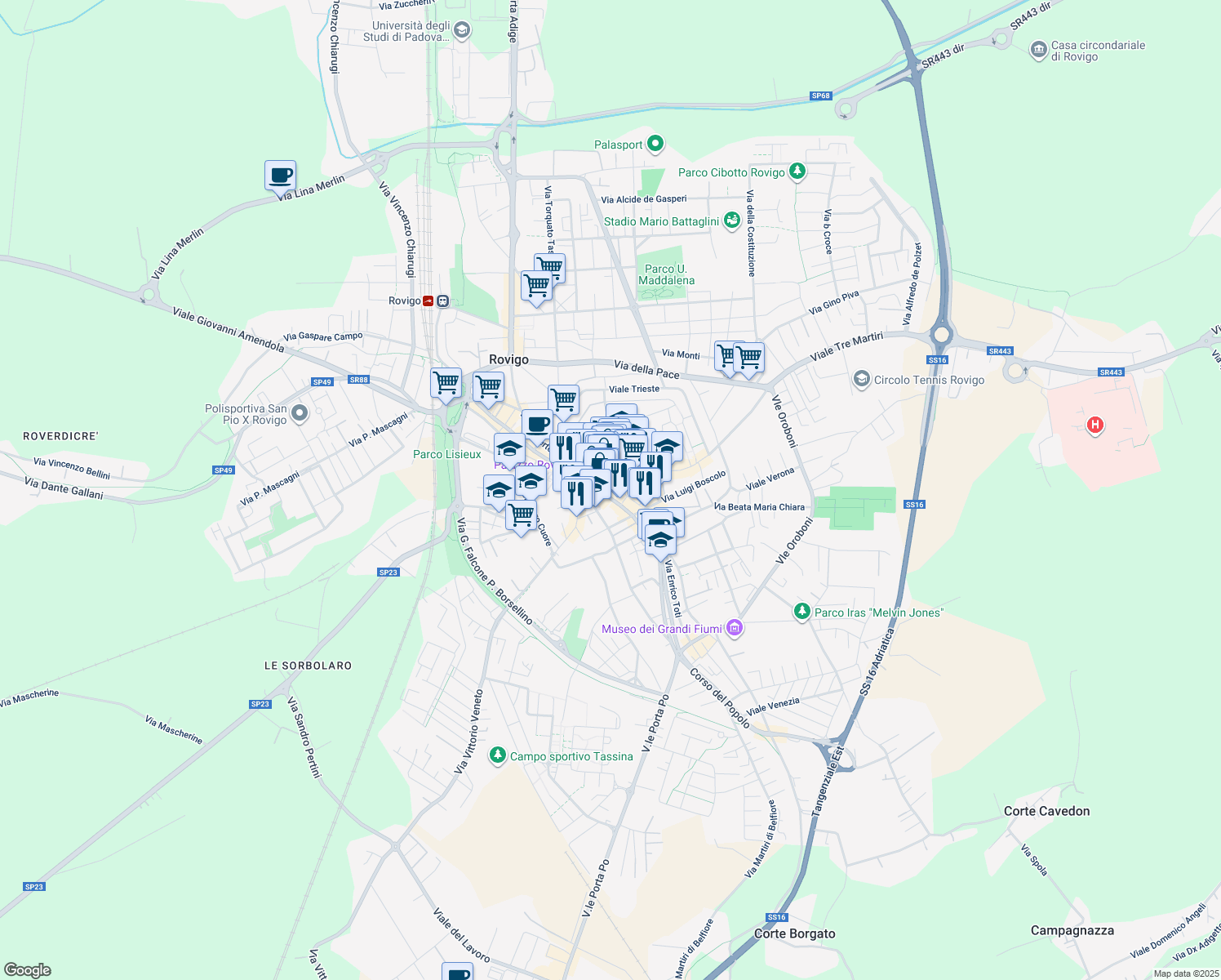 map of restaurants, bars, coffee shops, grocery stores, and more near in Rovigo