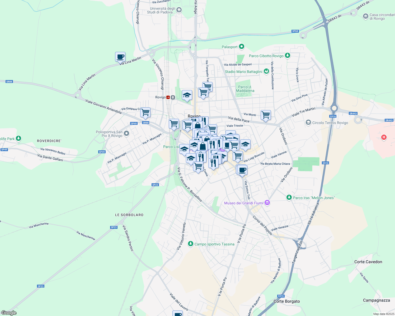 map of restaurants, bars, coffee shops, grocery stores, and more near Via del Sacro Cuore in Rovigo